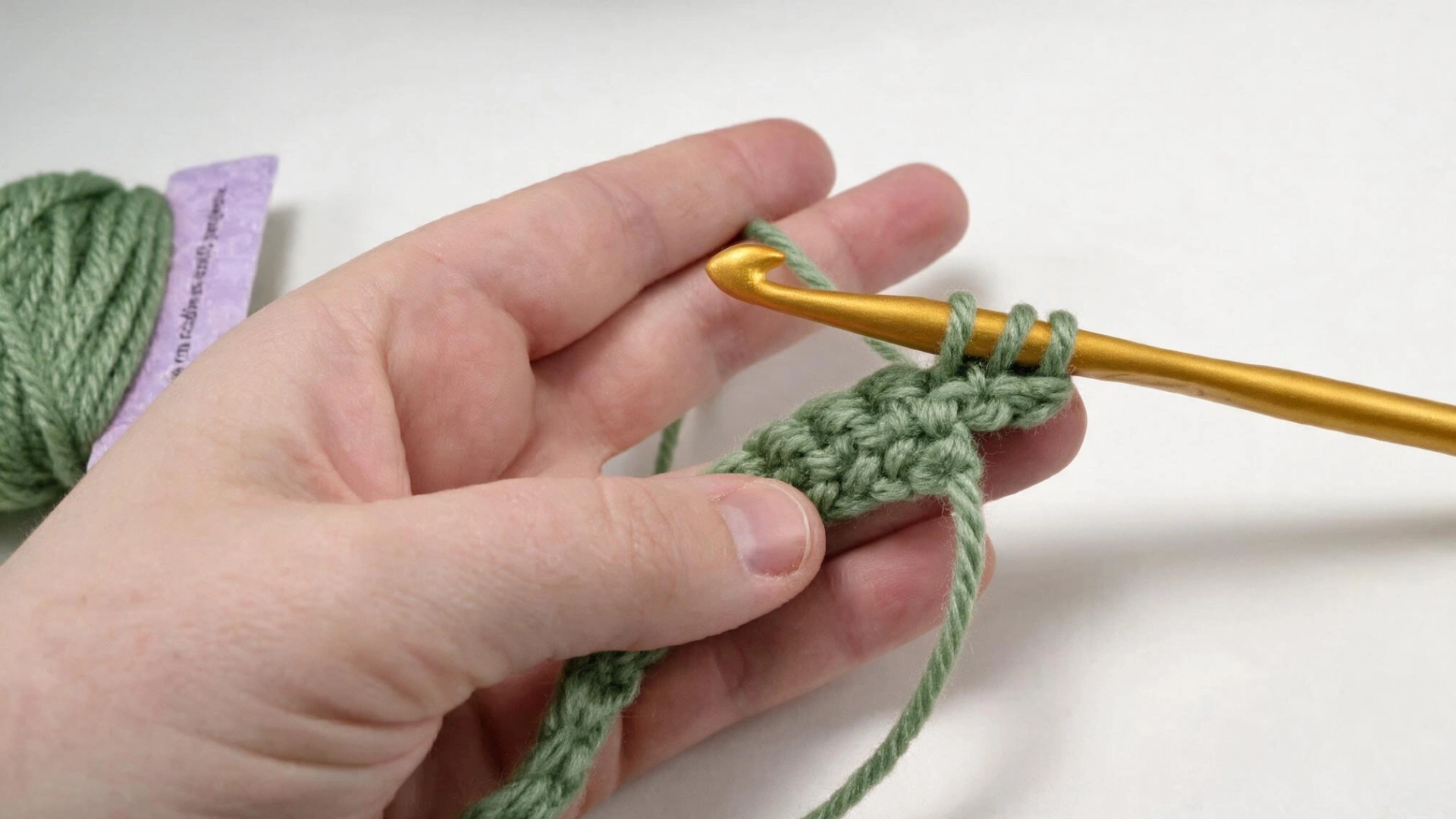 Gold crochet hook beginning the bobble row with green yarn and several loops forming on the hook.