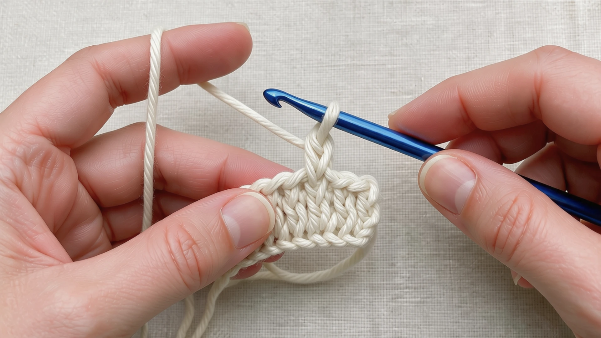 A person demonstrating the first stitch of Tunisian crochet with a hook and yarn in hand.