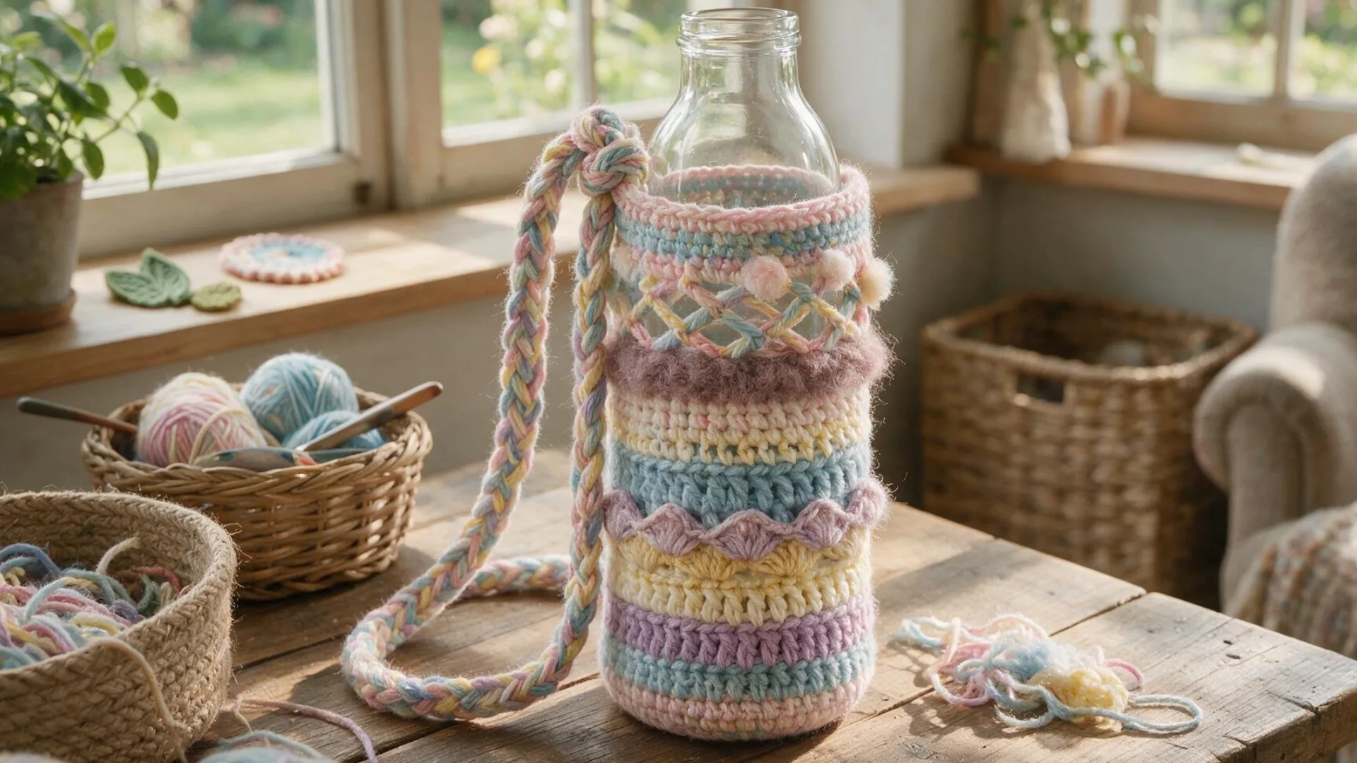 Pastel scrap yarn <echighlighted><echighlighted>crochet water bottle holder</echighlighted></echighlighted> with mixed stitch patterns and braided strap on a wooden craft table