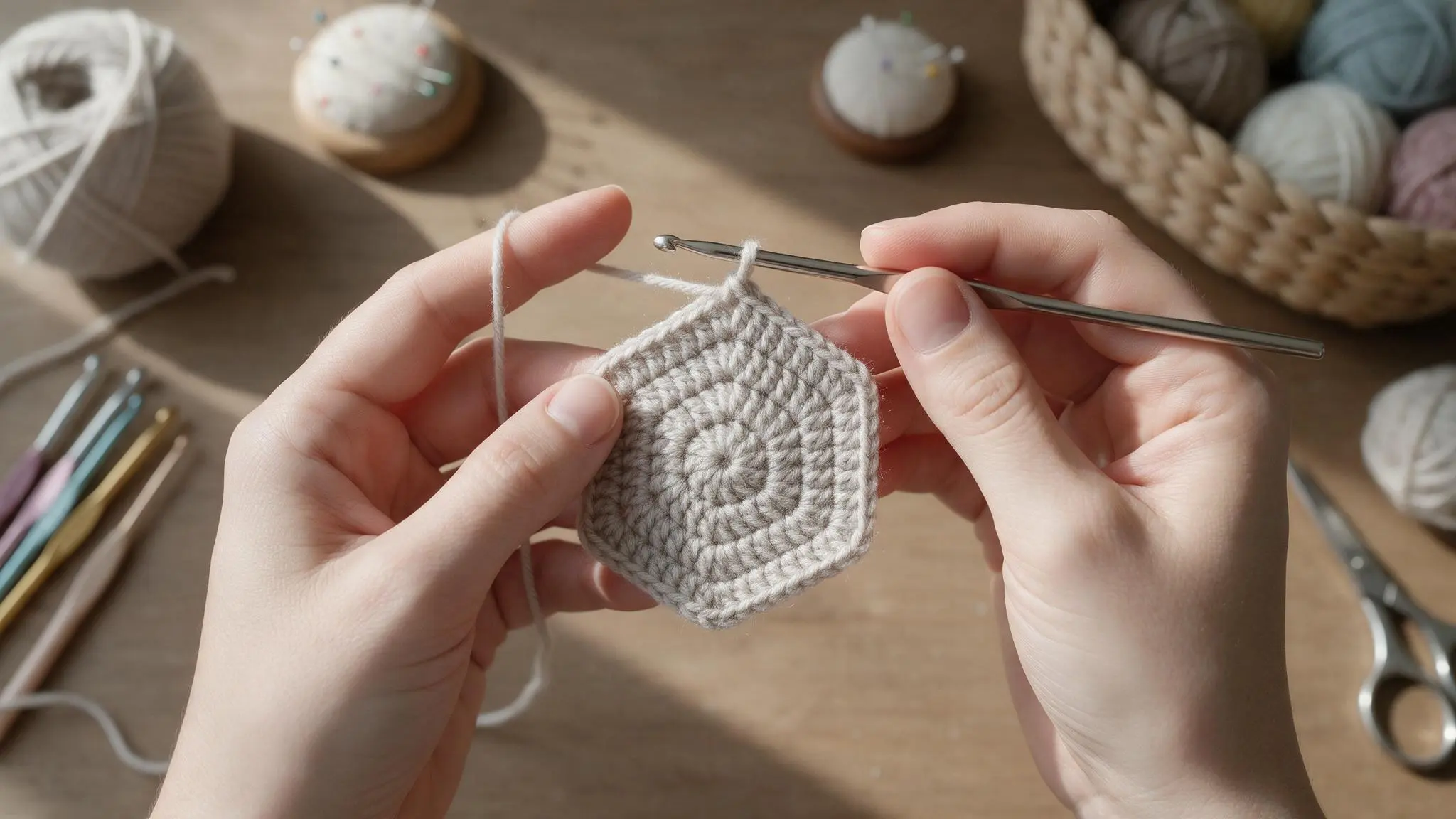 A person holding a crochet hook in one hand and knitting needles in the other, ready to create a hexagon pattern