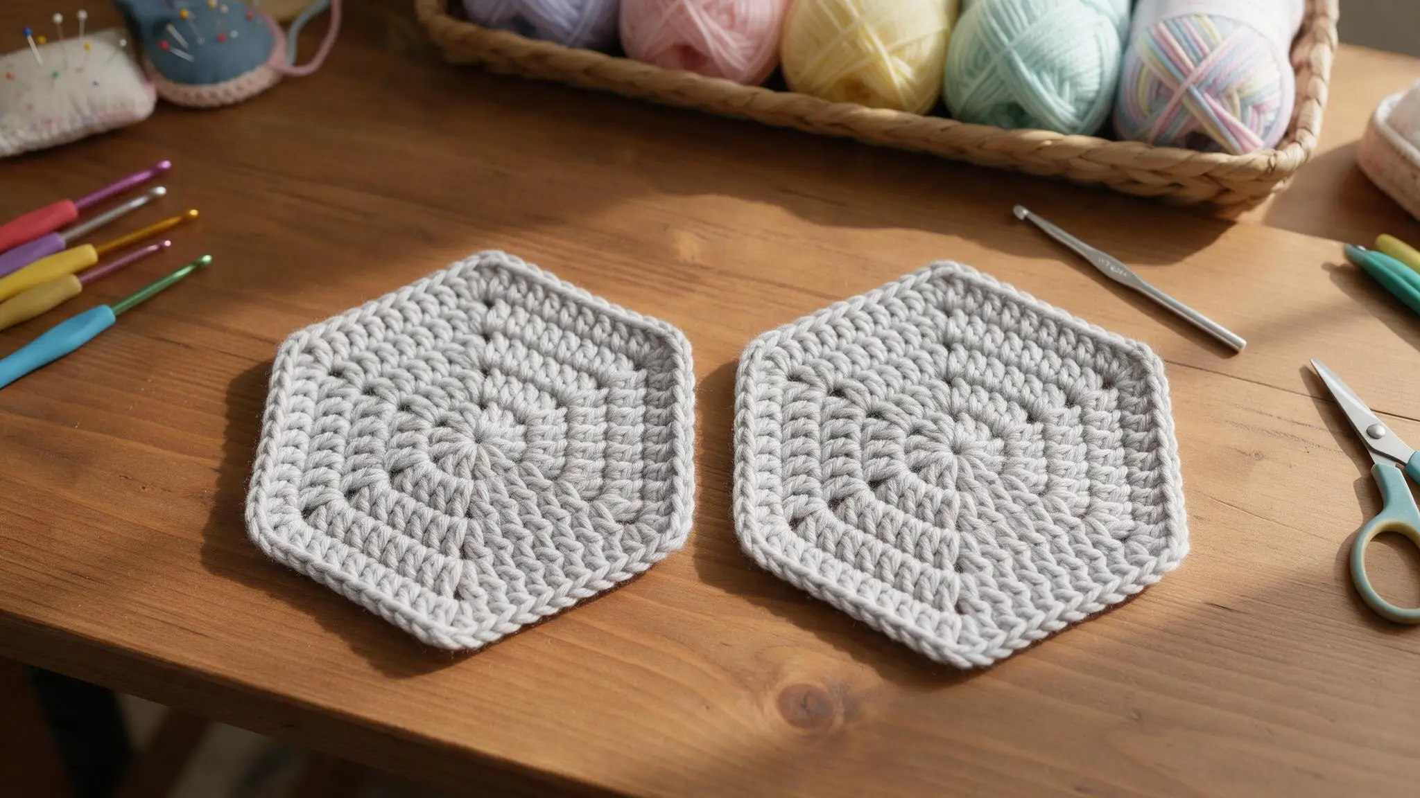 Two crocheted hexagons placed on a table surrounded by yarn and other crocheting tools needed to create the cardigan.