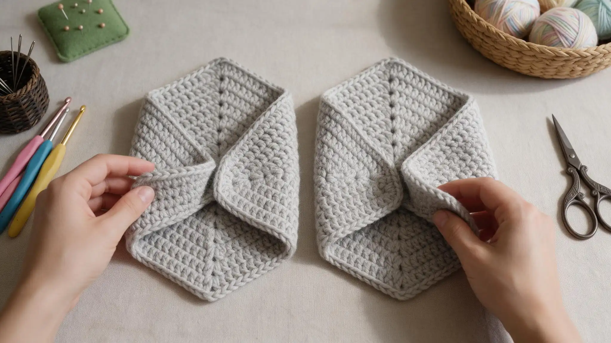 wo hands holding a pair of colorful crocheted hexagons, showcasing intricate patterns and textures being folded for sleeves