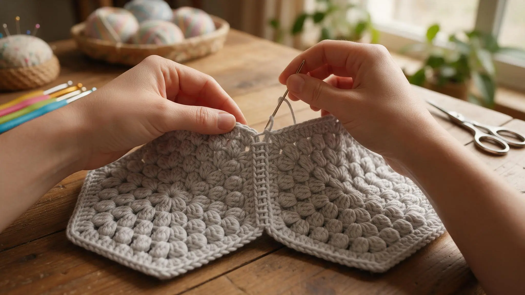 A close-up of a person using a crochet hook to create a vibrant piece of fabric, showcasing their crafting skill.