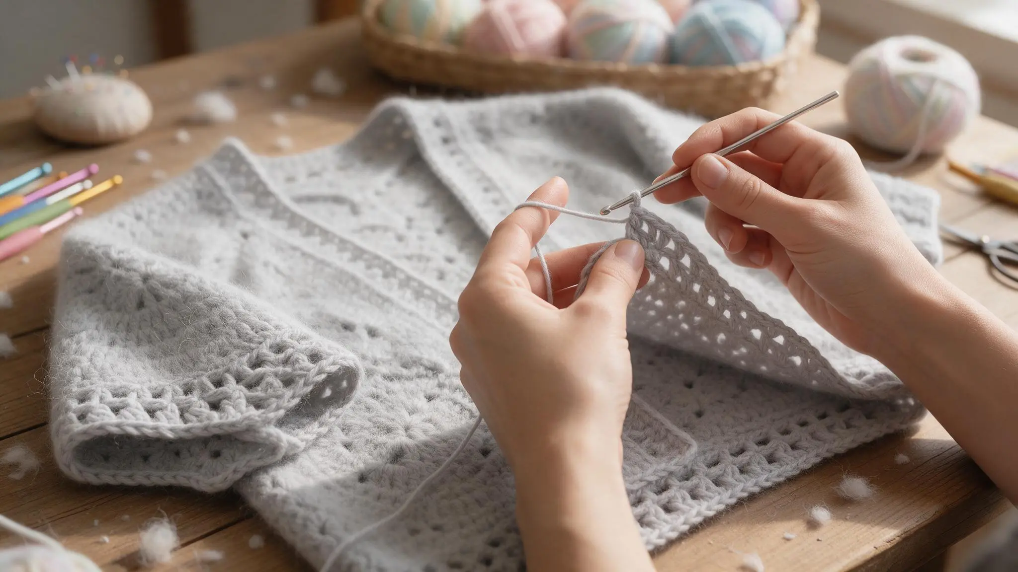 A woman comfortably knitting a white colored cardigan with vibrant yarn in her hands, along with yarn and other crocheting tools on the table.