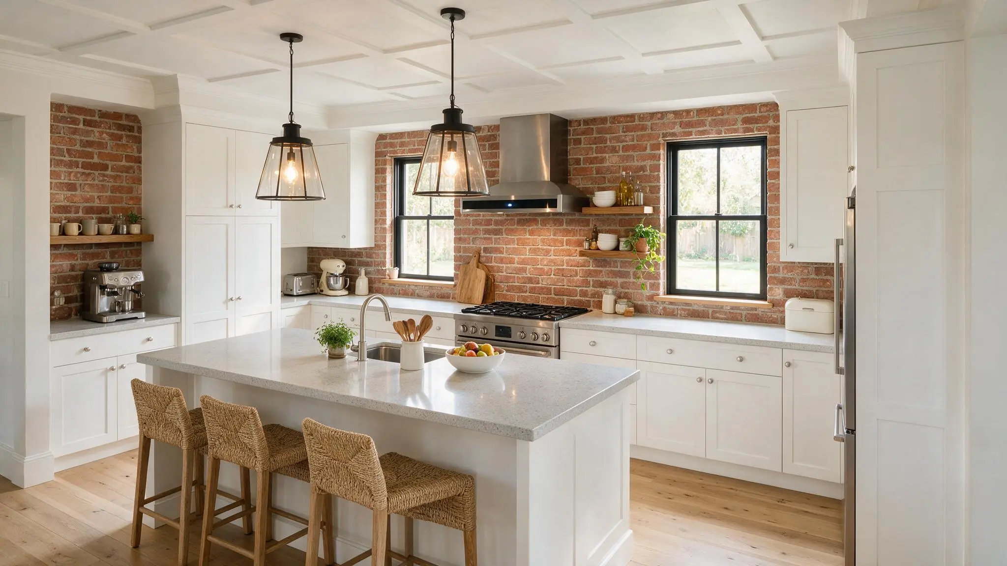White farmhouse kitchen with exposed red brick backsplash, white cabinets, and a large central island