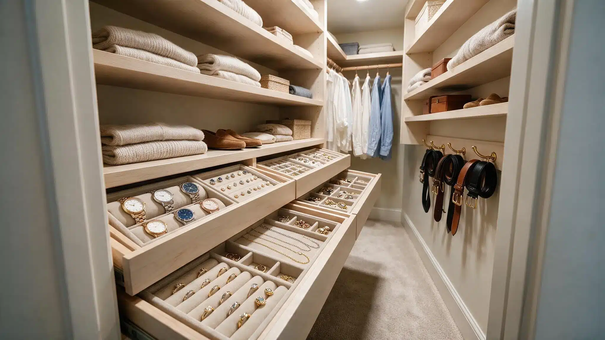 Narrow walk in closet with shallow accessory drawers displaying watches jewelry rings belts and folded sweaters