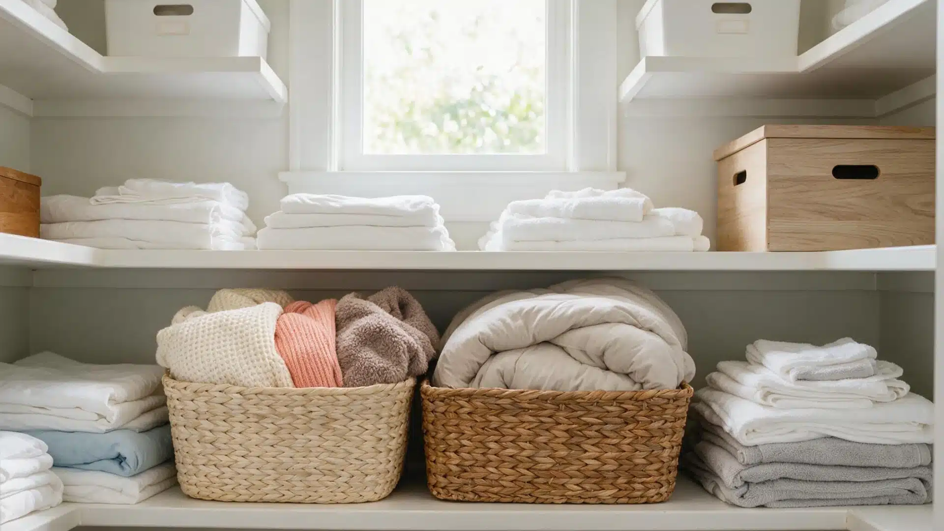 Bulky throws and spare comforters stored neatly in separate baskets inside a linen closet.
