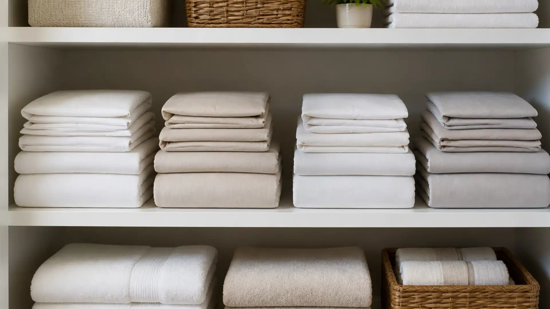 Matching fitted sheets flat sheets and pillowcases stacked together as complete bedding sets.