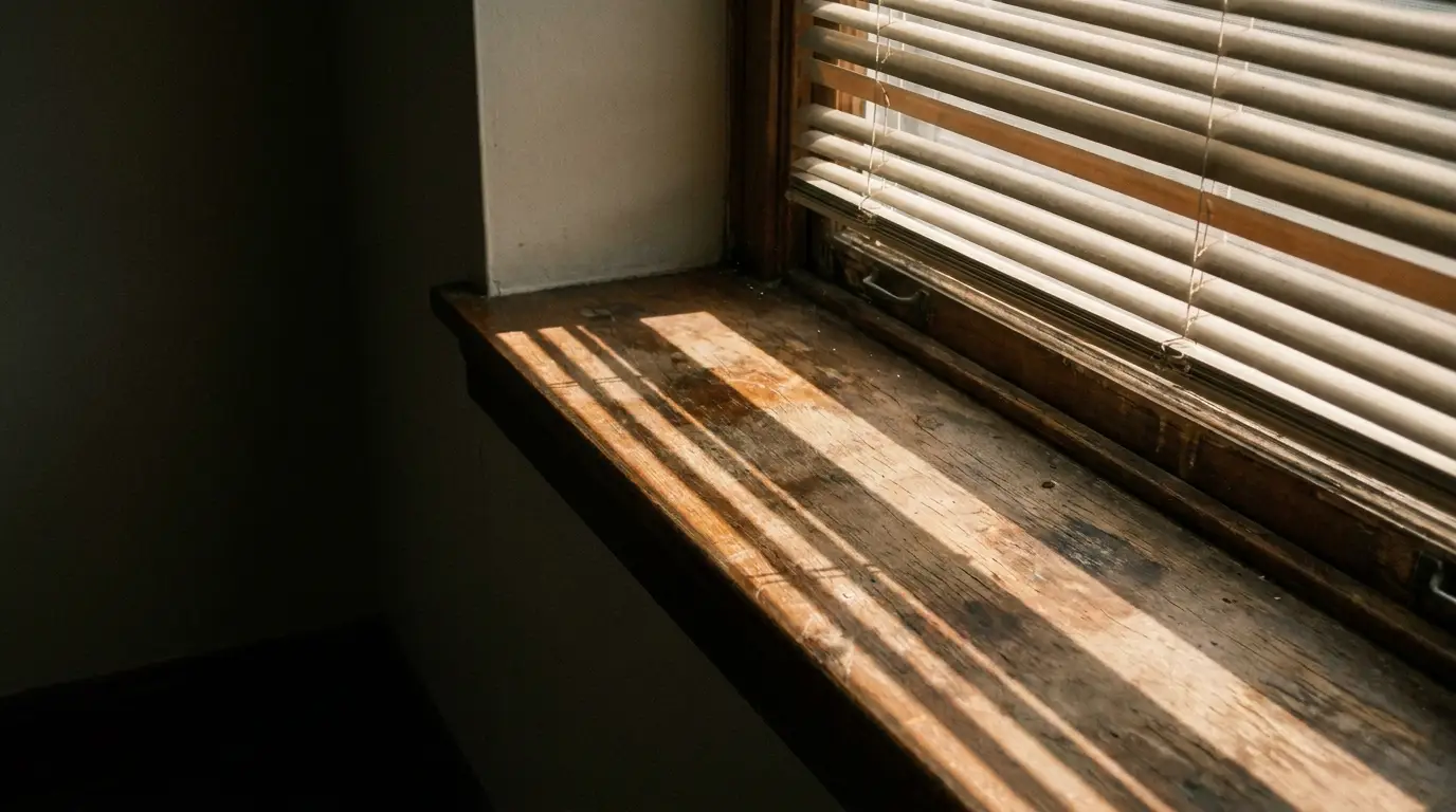 Sunlight and shadows on a wooden windowsill with blinds in a dimly lit room