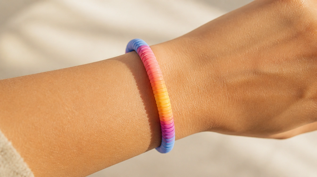 A person wearing a colorful sunset ombre clay bead bracelet on their wrist, showcasing vibrant hues of orange, pink, and purple.