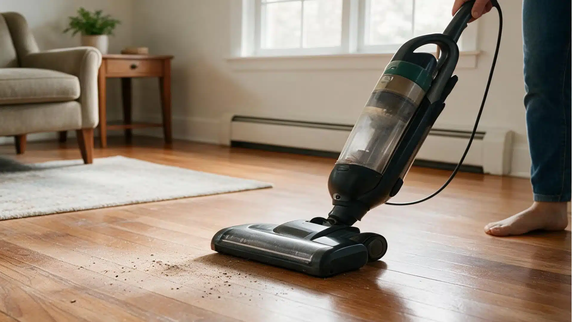 Person vacuuming dust and debris from a hardwood floor in a bright living room