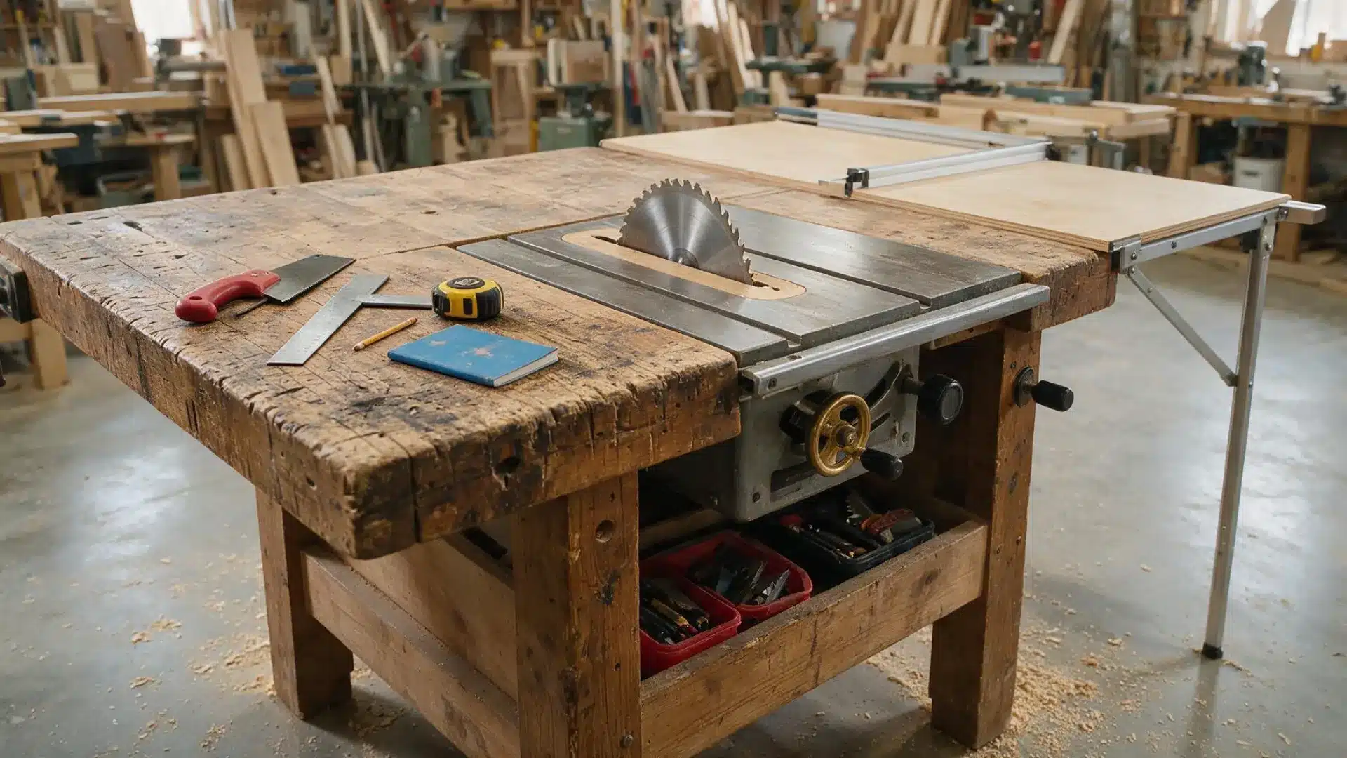 Wooden table saw workbench with integrated circular blade measuring tools and extension surface in a woodworking shop.