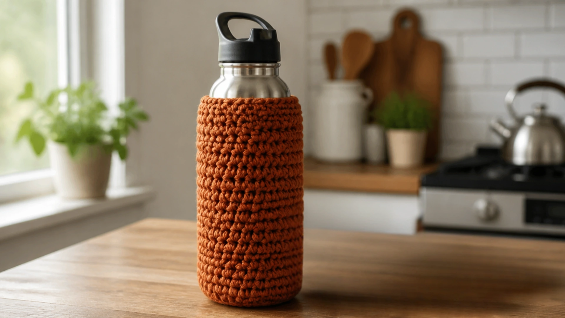 Rust orange textured crochet water bottle cozy covering a stainless steel bottle on a wooden kitchen counter