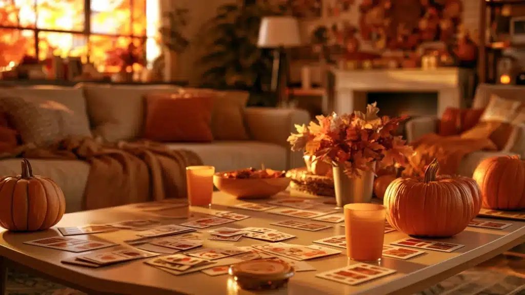 A warmly lit living room has a table scattered with cards, pumpkins, candles, and a vase of autumn leaves.