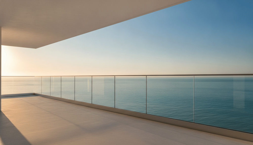 Modern balcony with glass railing overlooking calm ocean during golden hour