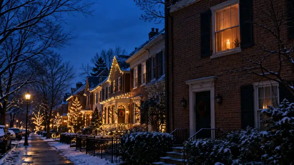 Snow-covered street with houses adorned in warm Christmas lights at dusk