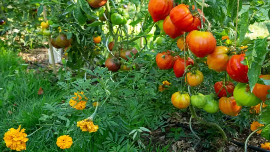 Tomato plants growing with marigold flowers as companion plants in a garden.