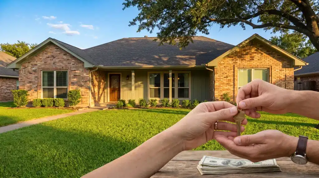 Hands exchanging house keys over a stack of cash in front of a brick home