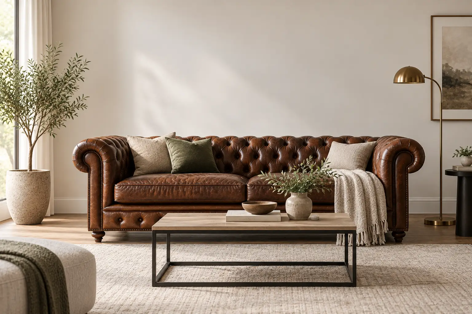 Brown leather sofa with cushions and throw blanket in stylish living room with coffee table and plants