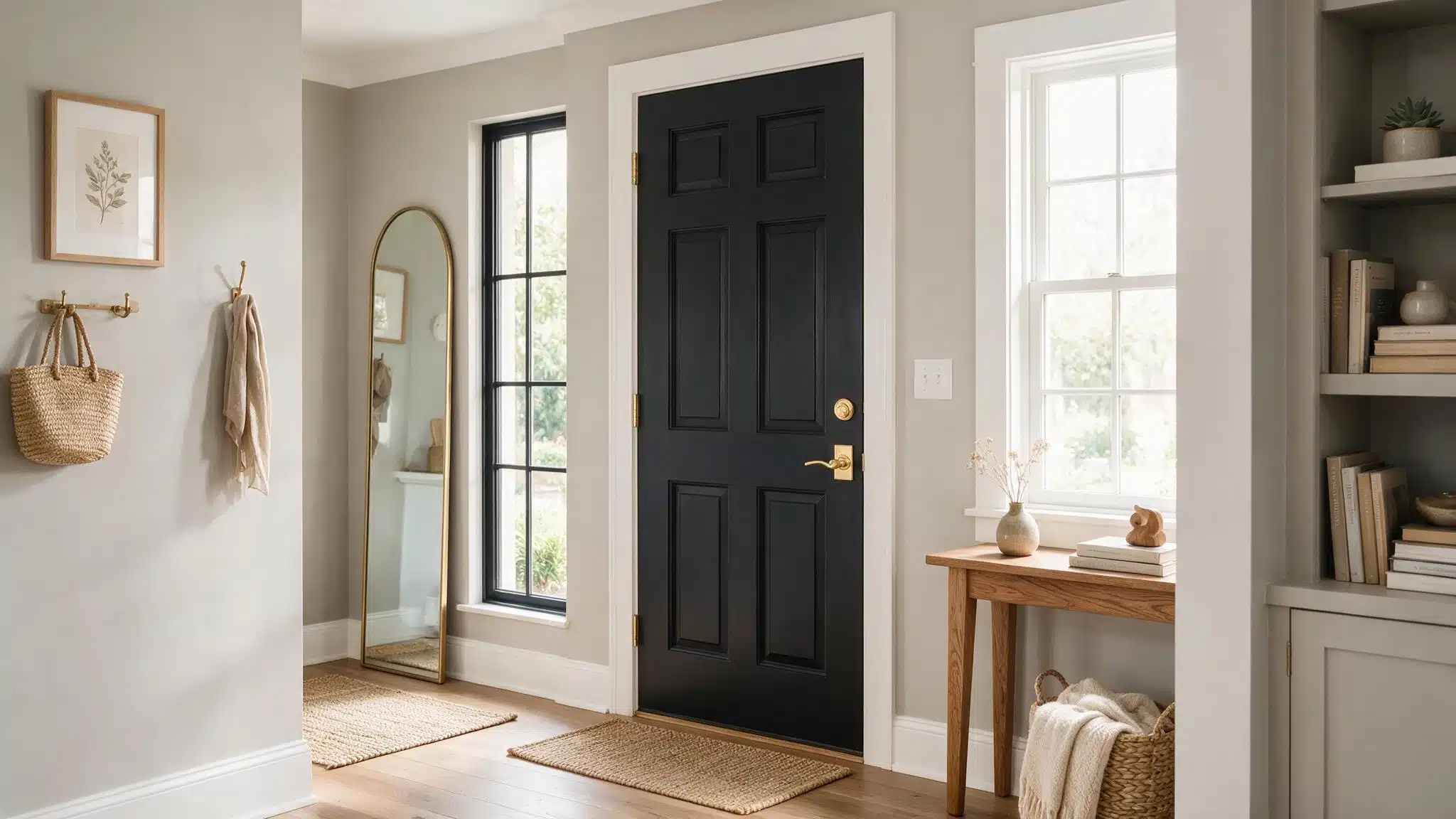 Agreeable Gray entryway with Tricorn Black front door white trim brass hardware warm wood furniture and woven accents