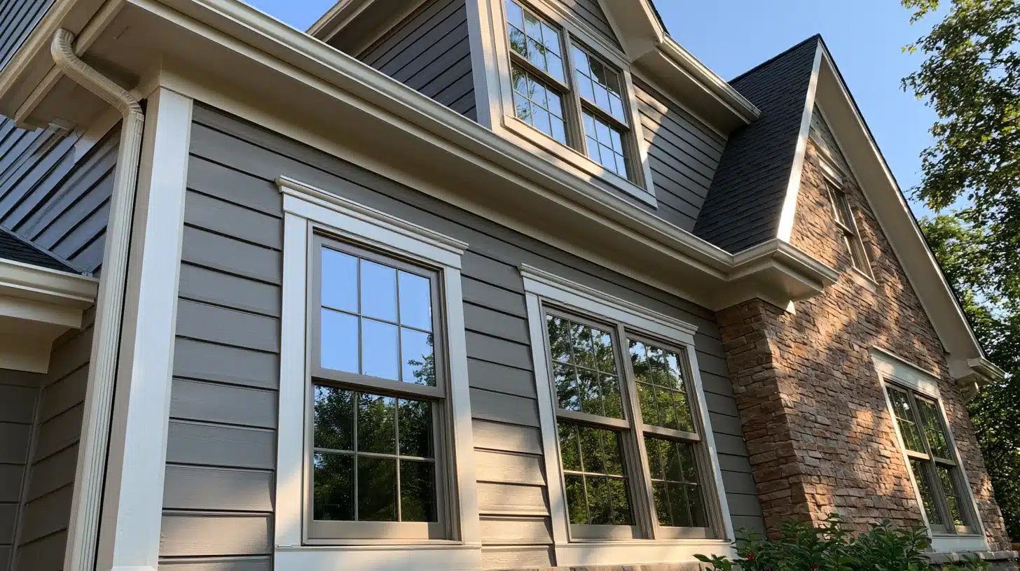 Close-up view of a two-story house exterior with gray siding, white-trimmed windows, stonework, gutters, and surrounding trees.