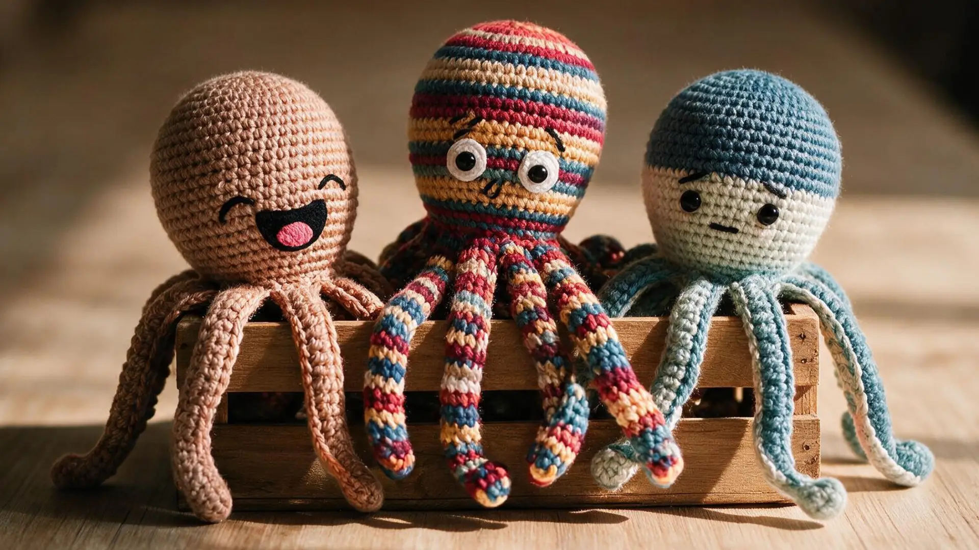 Three crochet octopuses in different colors and facial styles sitting together inside a rustic wooden display crate