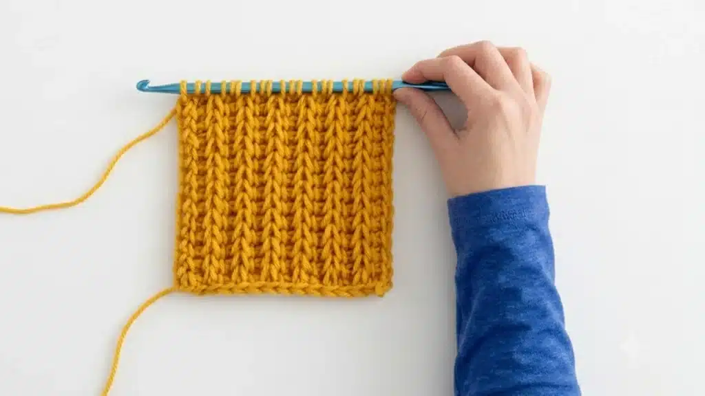 Close-up of a person using a blue needle to knit yellow yarn using tunisian crochet technique, showcasing the crocheting process.