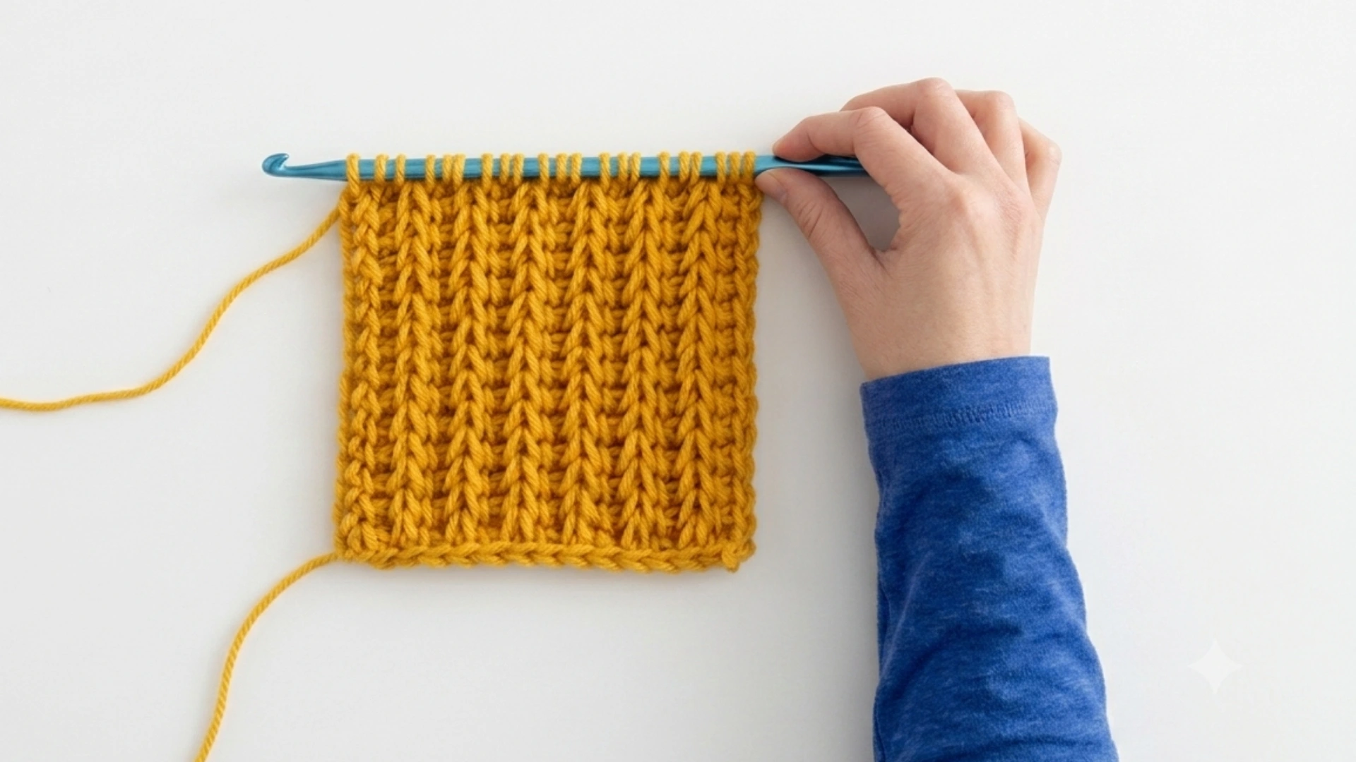 Close-up of a person using a blue needle to knit yellow yarn using tunisian crochet technique, showcasing the crocheting process.