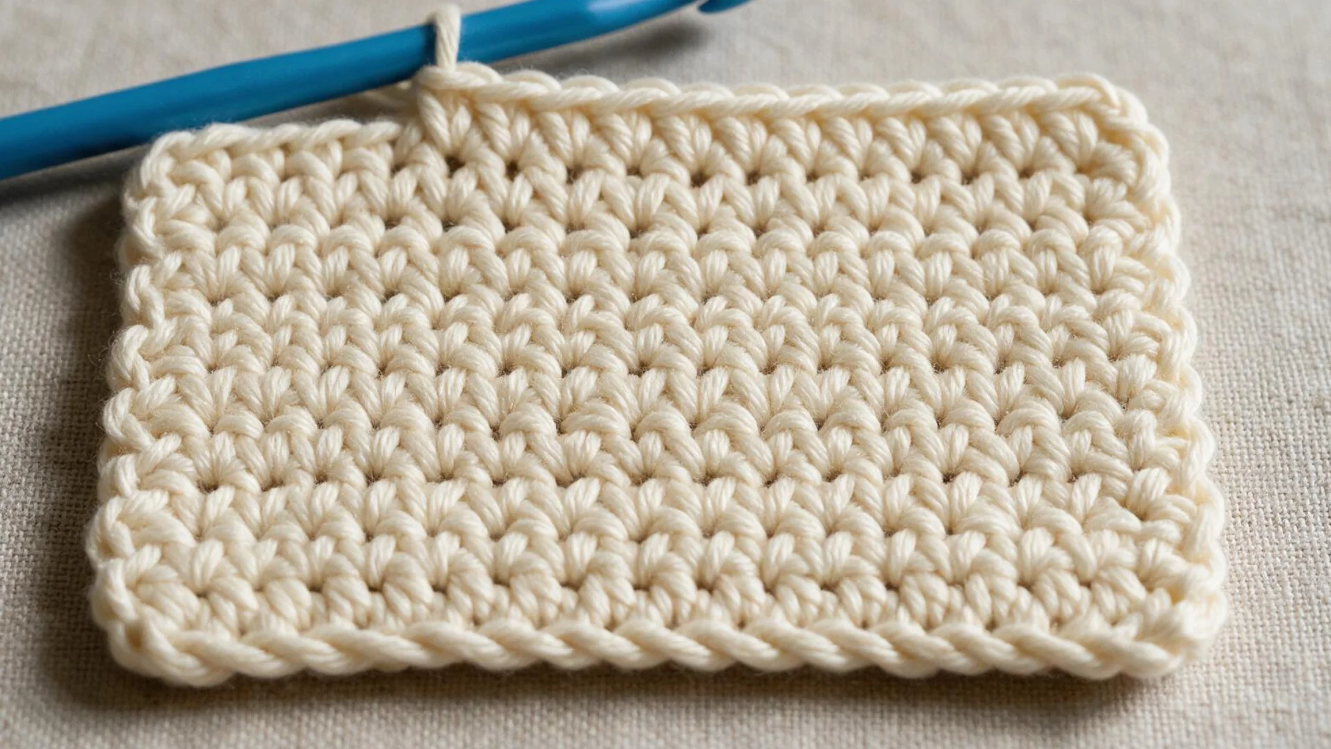Dense cream Tunisian full stitch fabric shows closely packed loops with very little space between stitches.