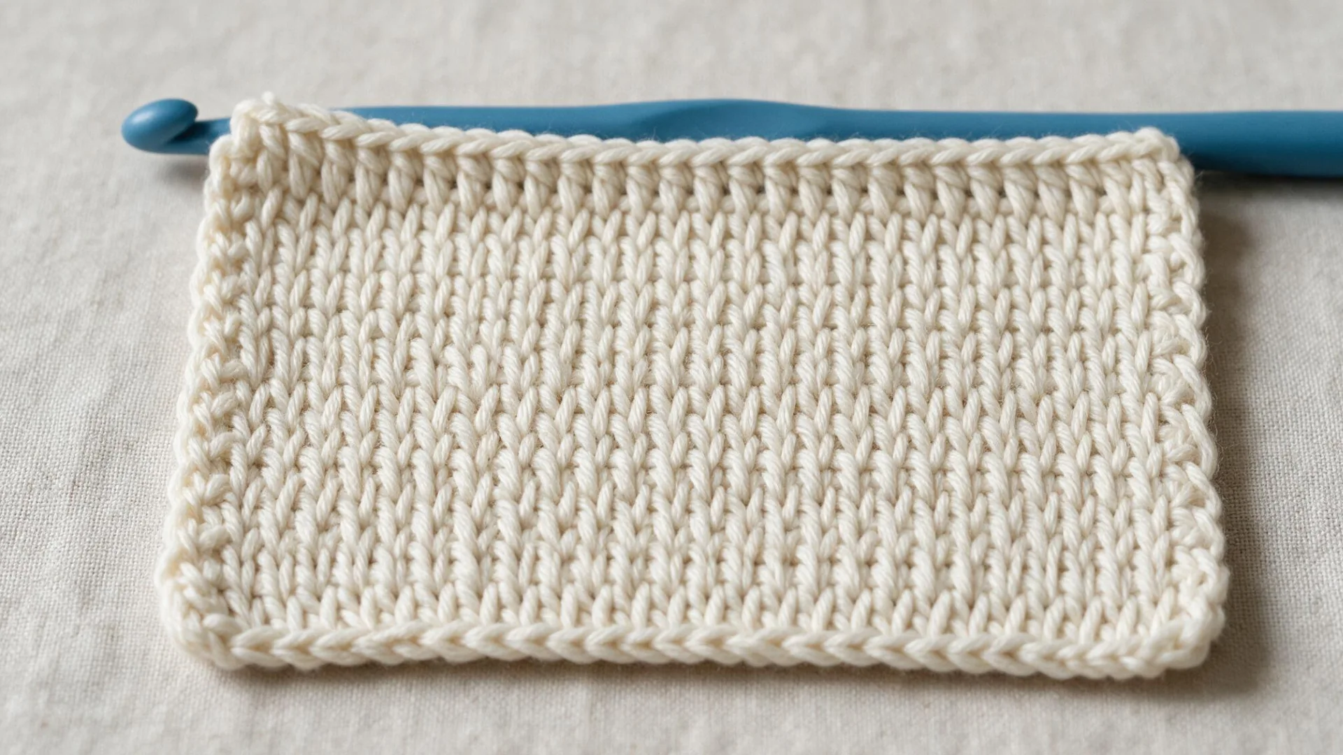 Cream Tunisian knit stitch swatch with neat V shaped stitches and a blue crochet hook placed along the top.