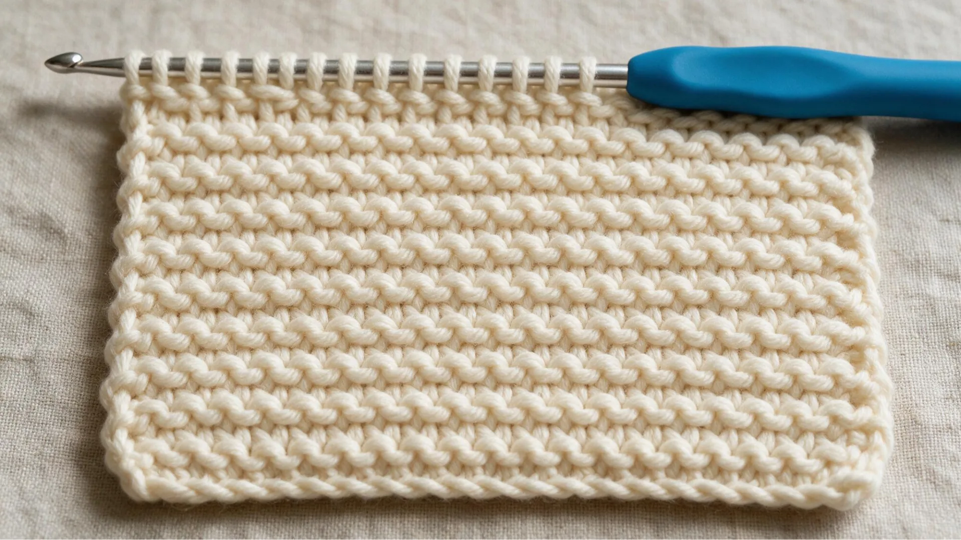 Raised purl bumps create a soft textured surface across this cream Tunisian crochet swatch.