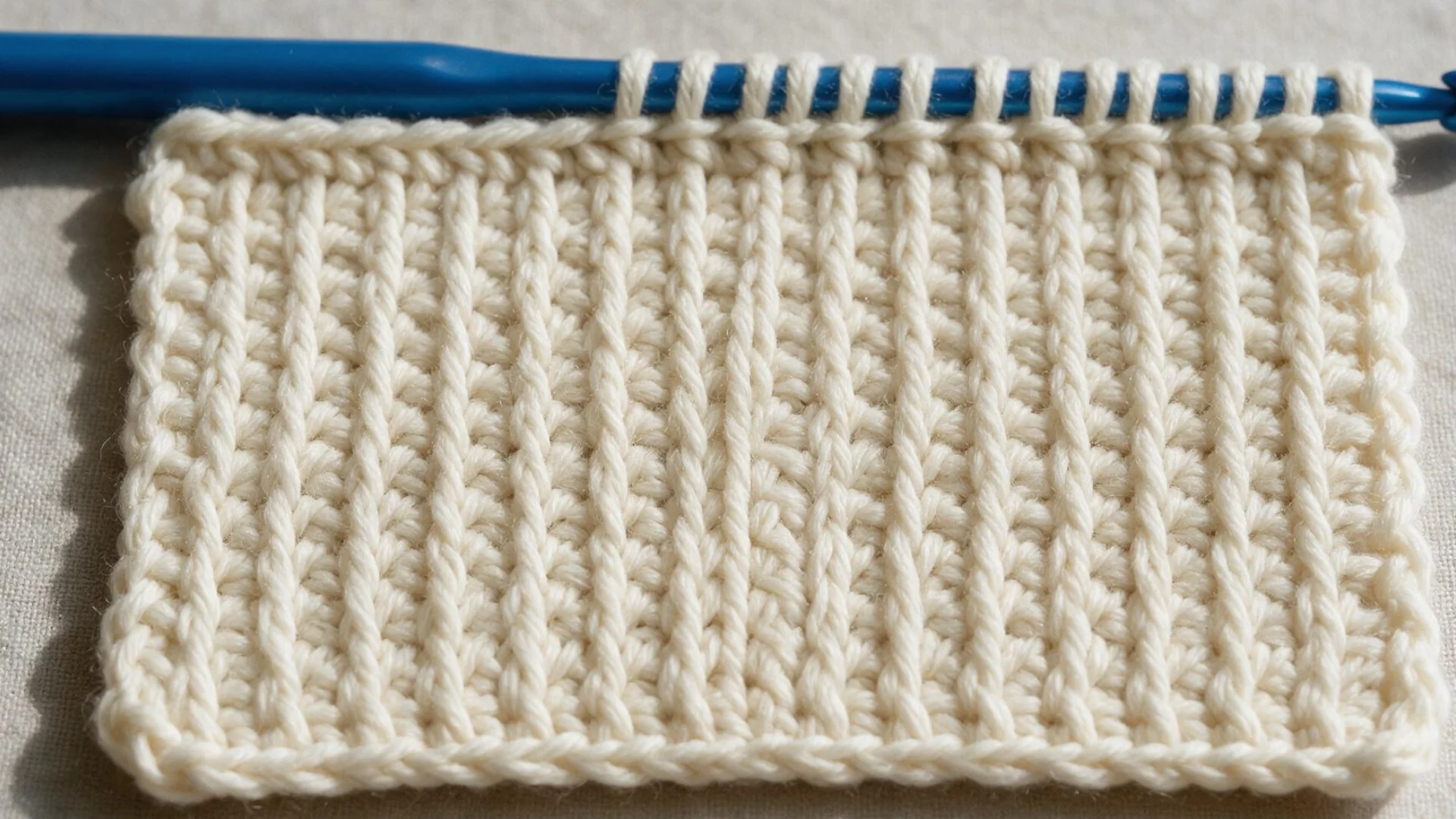 Cream Tunisian simple stitch swatch with clear vertical bars and a blue crochet hook resting across the top edge.