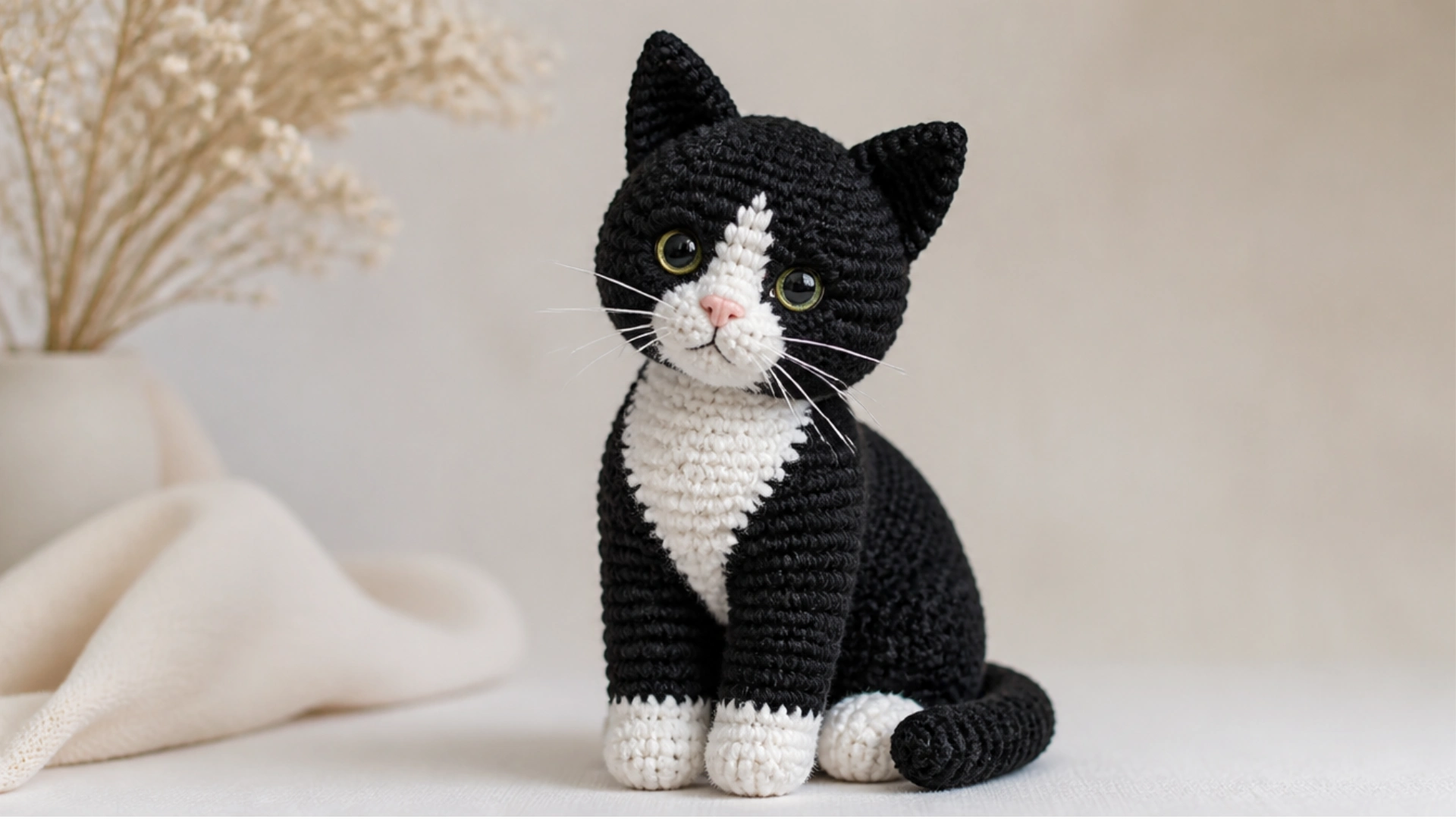 Tuxedo crochet cat with black body white face chest and paws green eyes pink nose and curled tail on a light background.