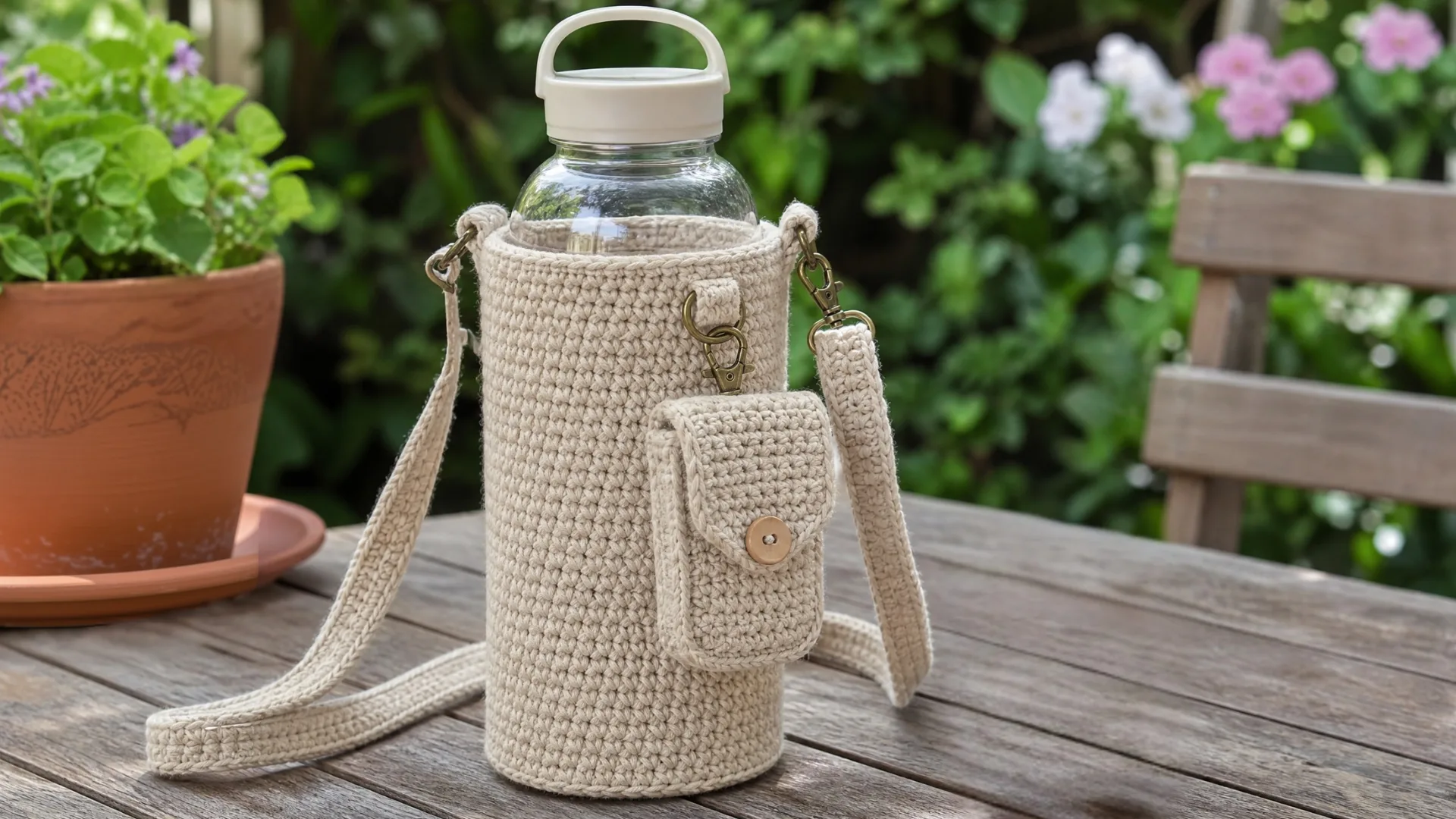 Cream <echighlighted><echighlighted>crochet water bottle holder</echighlighted></echighlighted> with detachable front pocket and adjustable shoulder strap on a wooden garden table