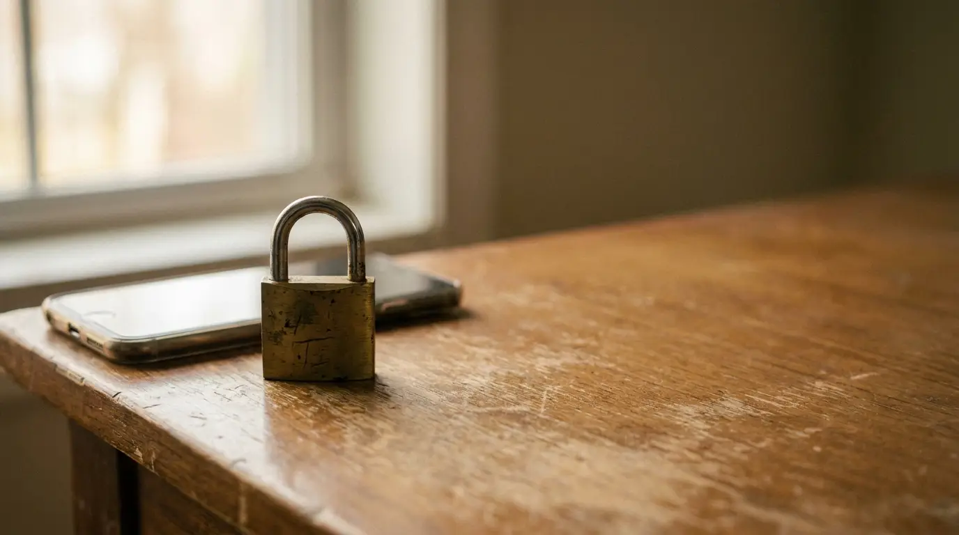 Padlock resting on smartphone atop wooden desk near window in soft natural light
