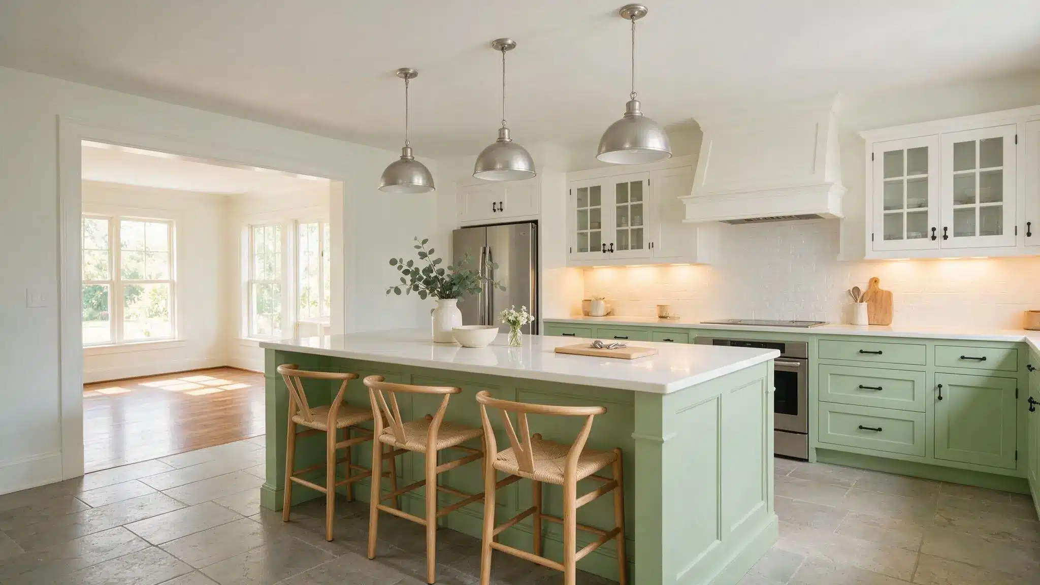 Two-tone farmhouse kitchen with white upper cabinets sage green lower cabinets and a large island