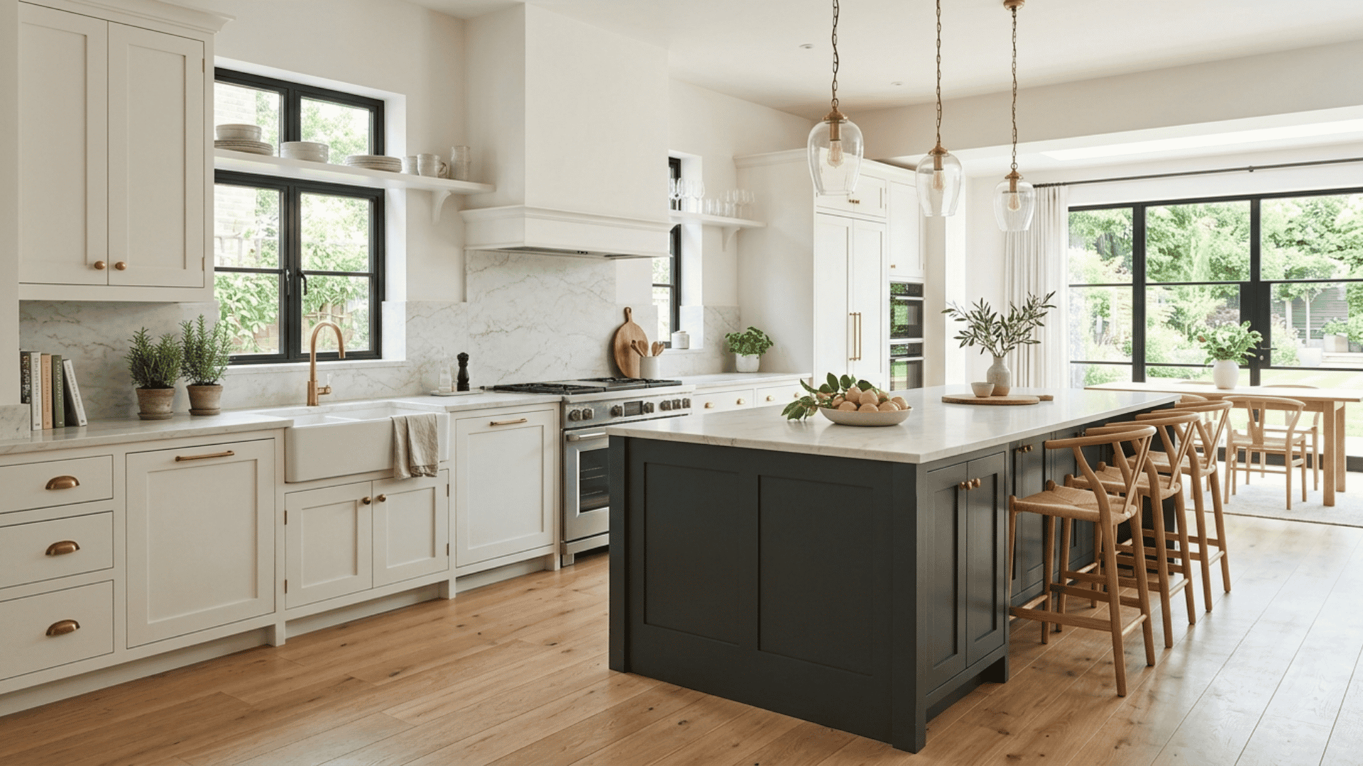 two-tone kitchen with white cabinets, dark island, marble counters, and brass pendant lights