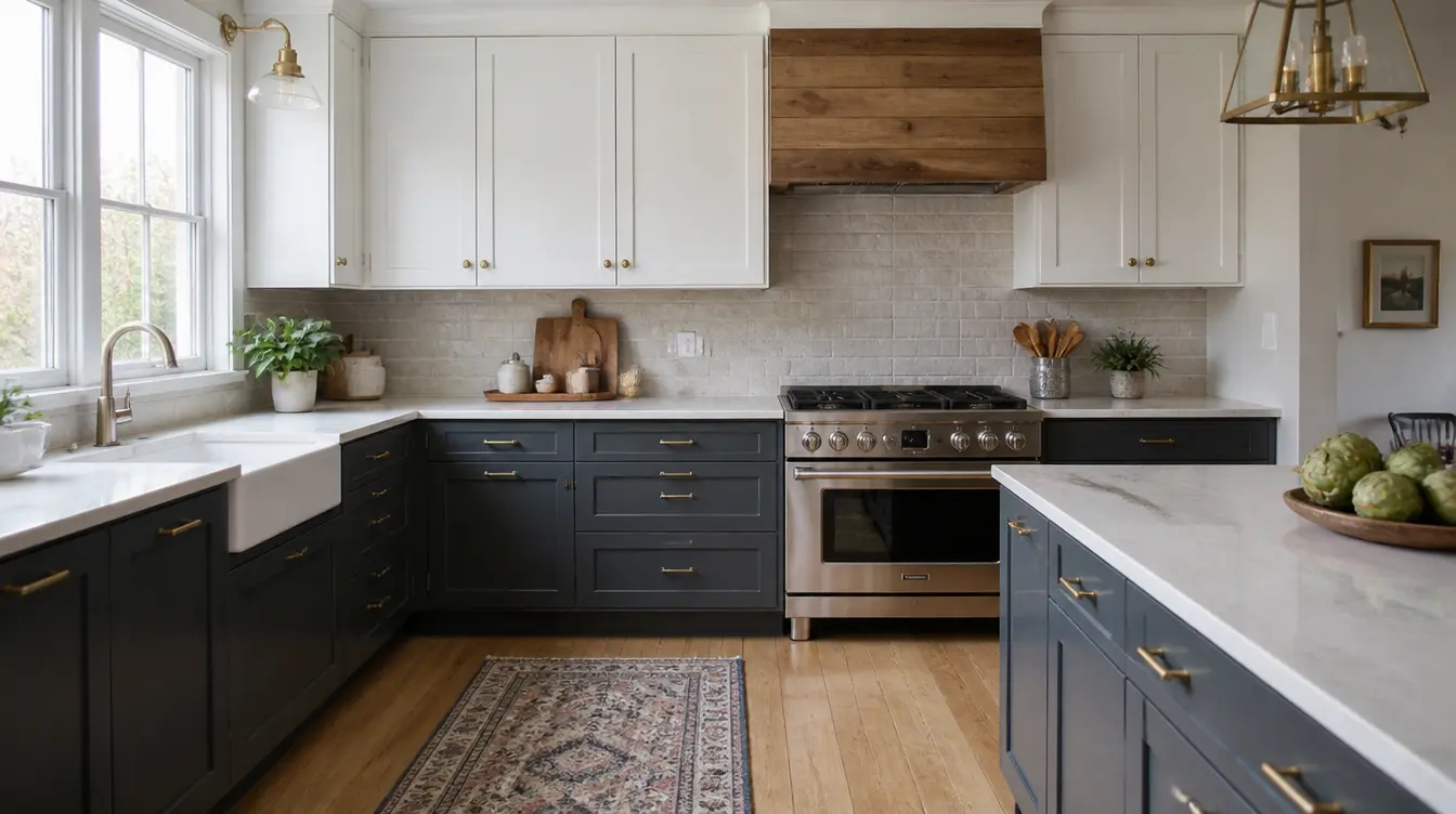 Two-tone modern farmhouse kitchen featuring white upper cabinets dark lower cabinets range hood and island