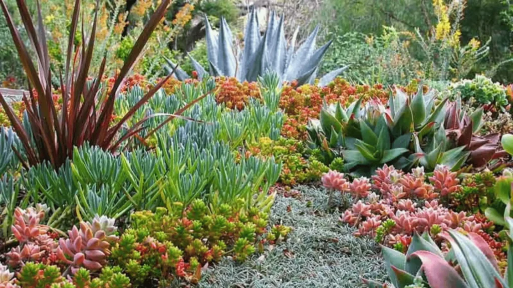 A densely planted succulent garden with blue agaves, red-tinged spiky plants, and clusters of pink, green, and orange succulents.
