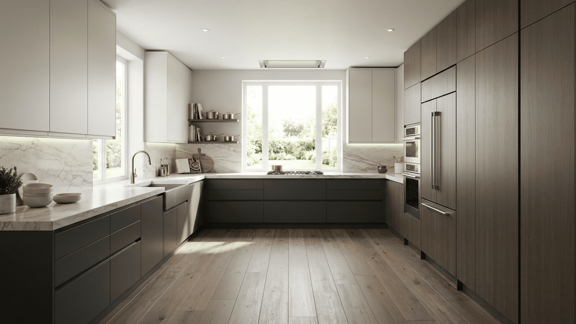 u-shaped kitchen with dark base cabinets, white uppers, marble counters, and wood flooring