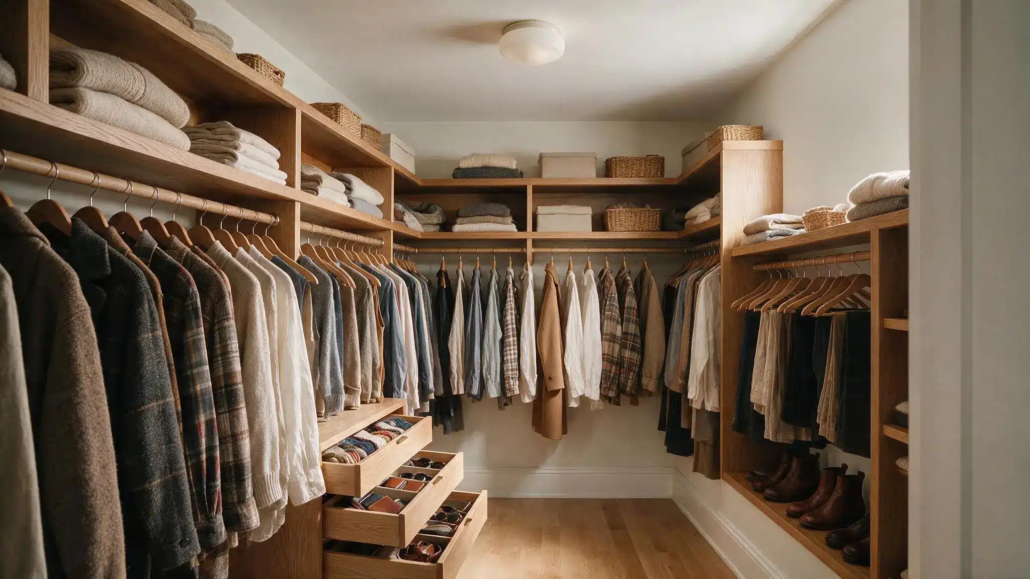 Small walk in closet with wood shelving on three walls hanging clothes folded sweaters baskets and shoe storage