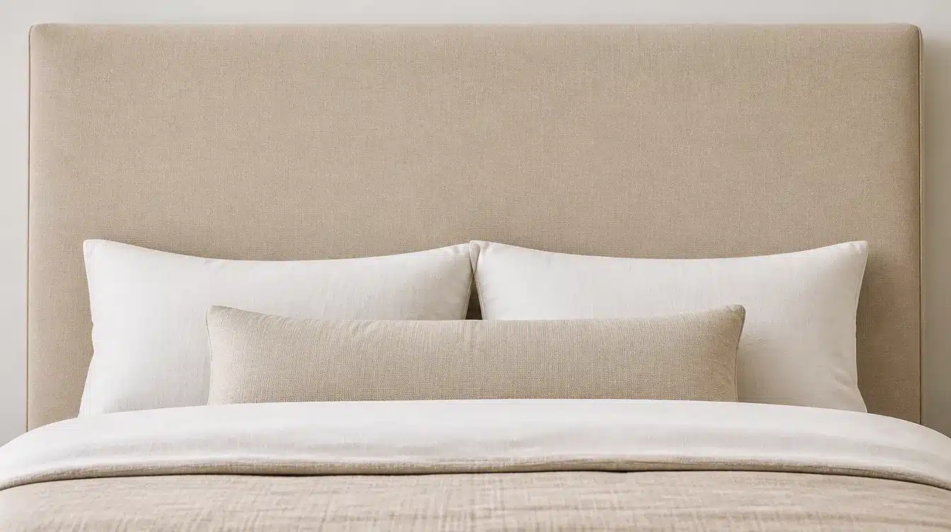 A neatly made bed with a beige upholstered headboard, white pillows, a beige lumbar pillow, and layered cream bedding.