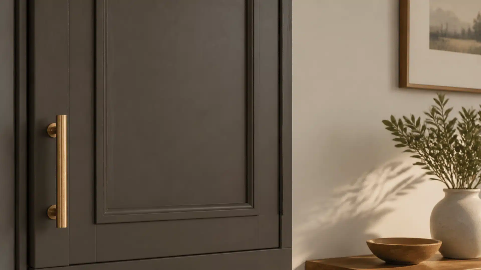 A dark paneled door with a brass handle stands beside a ceramic vase of leafy branches, bowl, and framed landscape print.