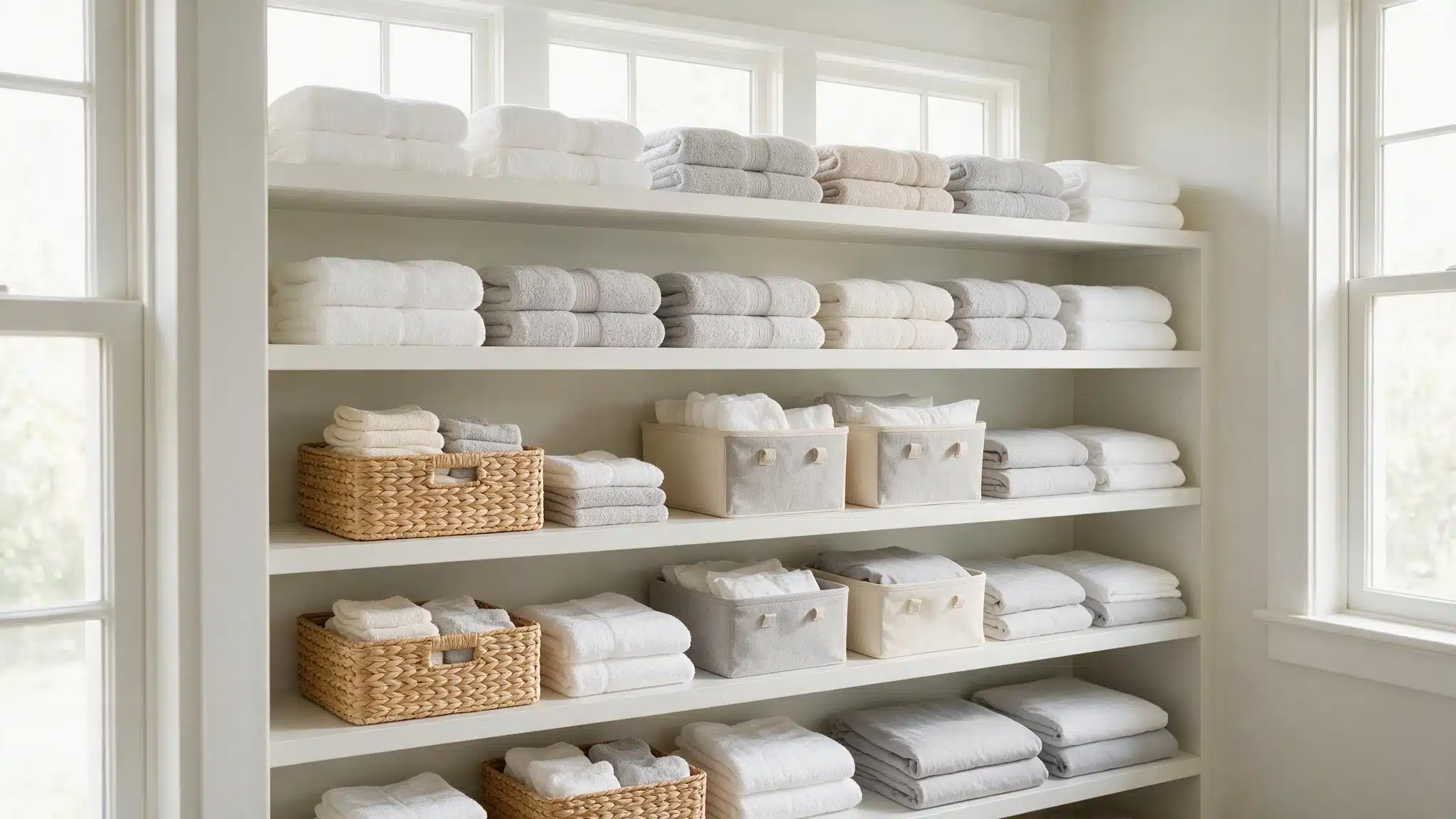 Woven baskets holding washcloths hair towels and extra pillowcases on organized closet shelves.