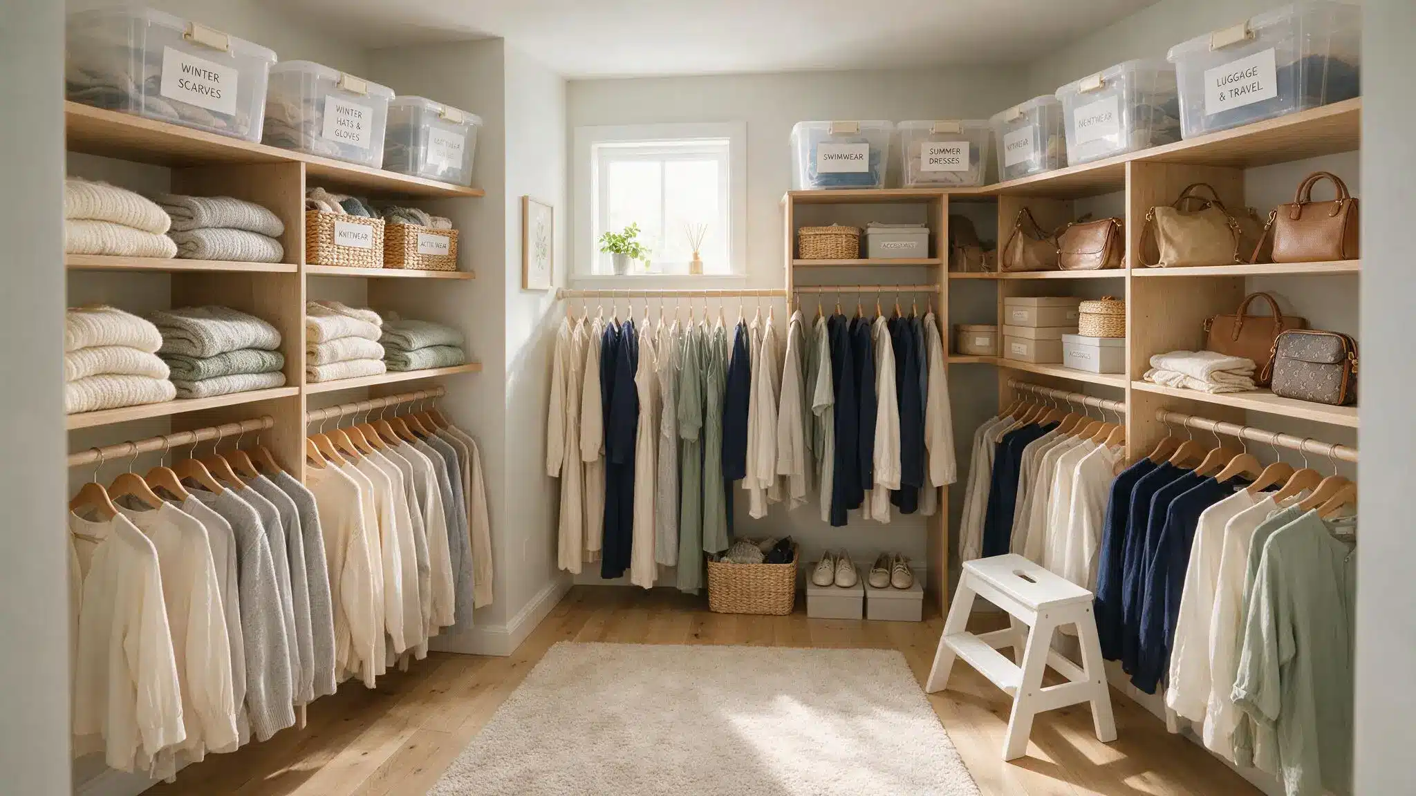 Walk in closet with labeled clear bins on high shelves hanging clothes handbags woven baskets and a white step stool