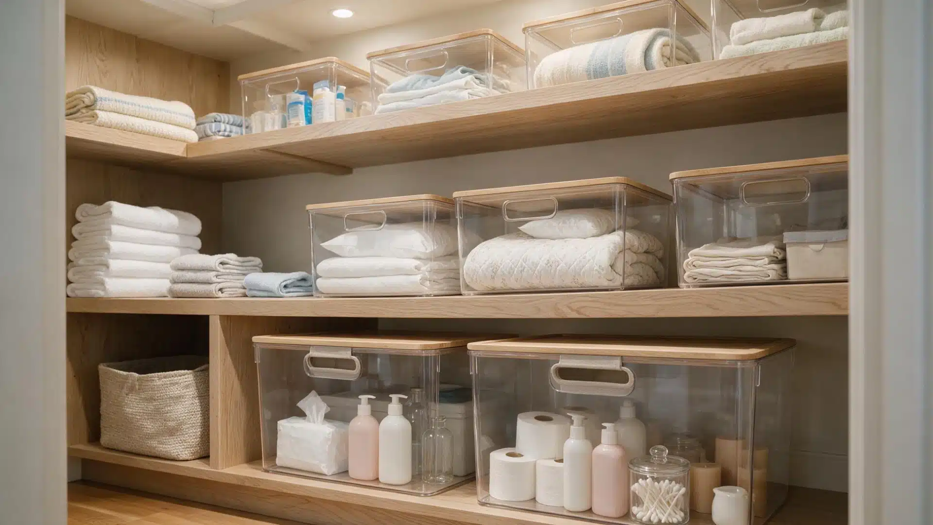 Clear storage bins filled with spare toiletries seasonal linens and small household supplies.