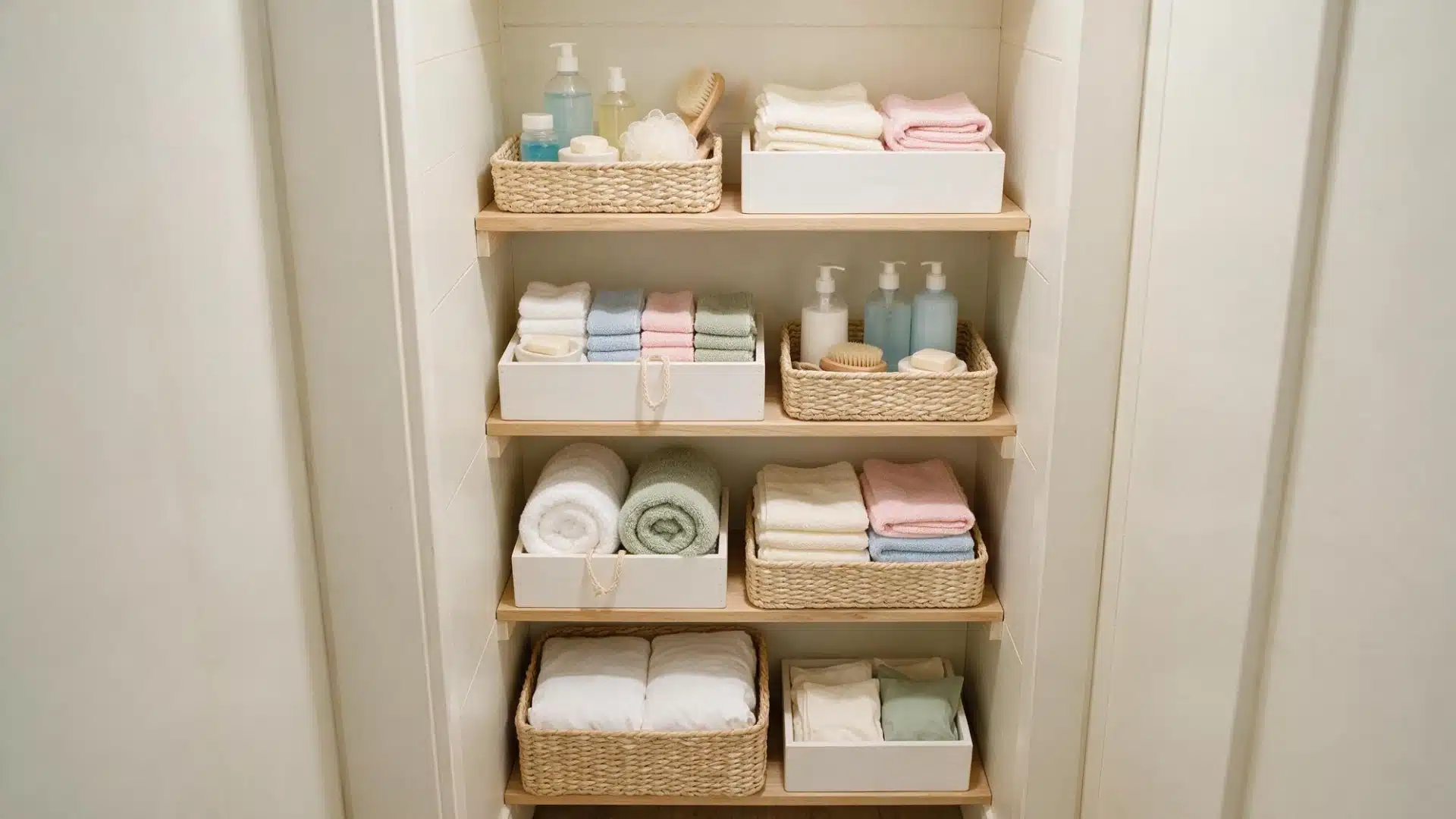 Small linen closet with shallow bins keeping towels toiletries and small supplies visible and organized.