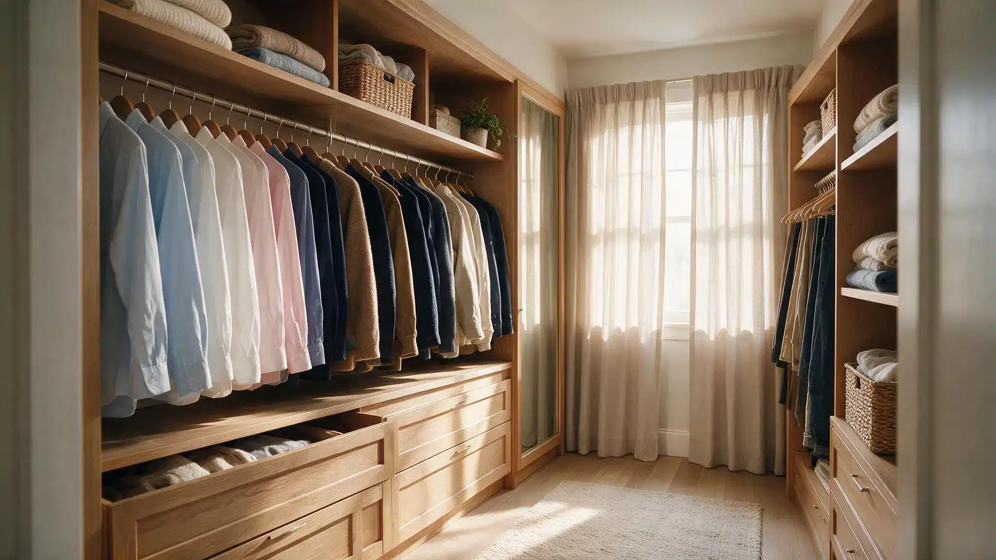Small walk in closet with wood built ins hanging clothes open drawers storage shelves mirror and soft natural light