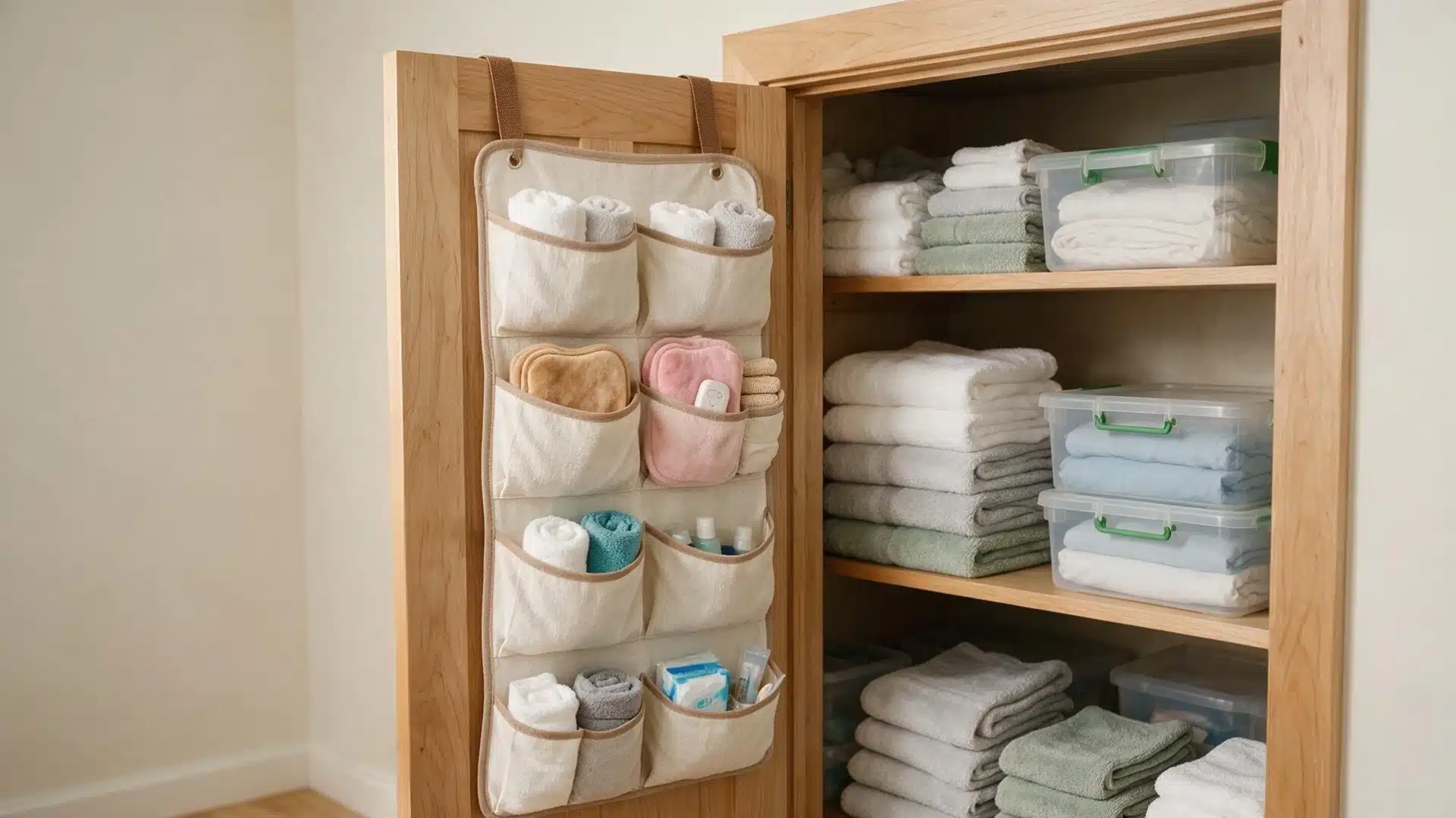 Over the door organizer holding washcloths toiletries and small items beside neatly stacked linens.