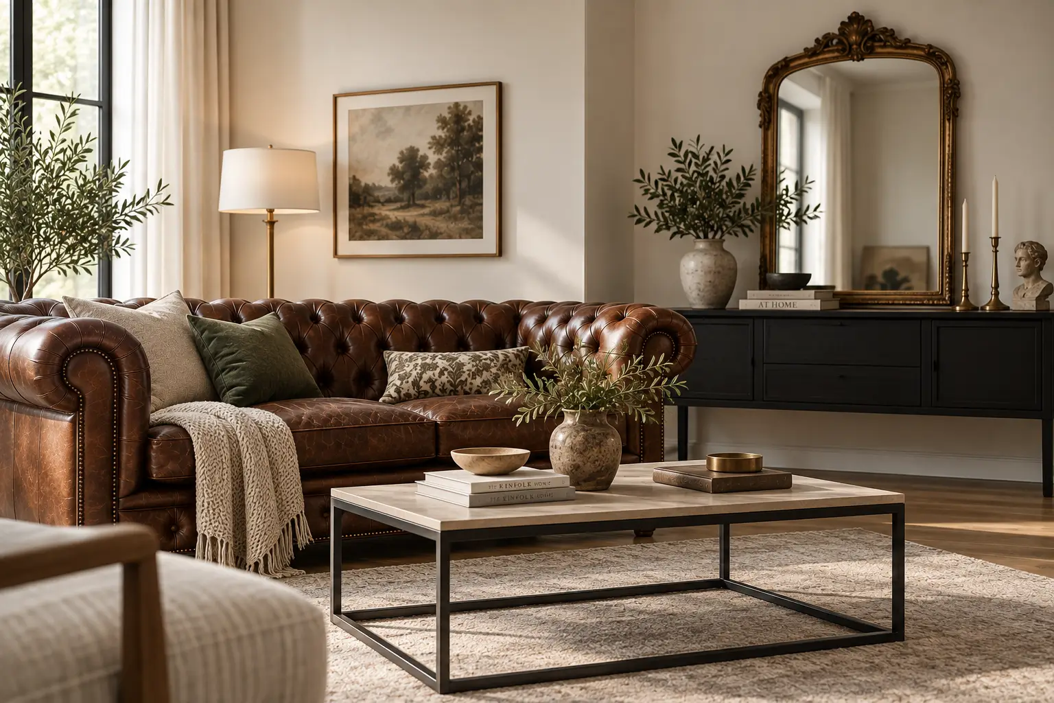Brown leather sofa and wooden coffee table in elegant living room with decorative plants and large mirror